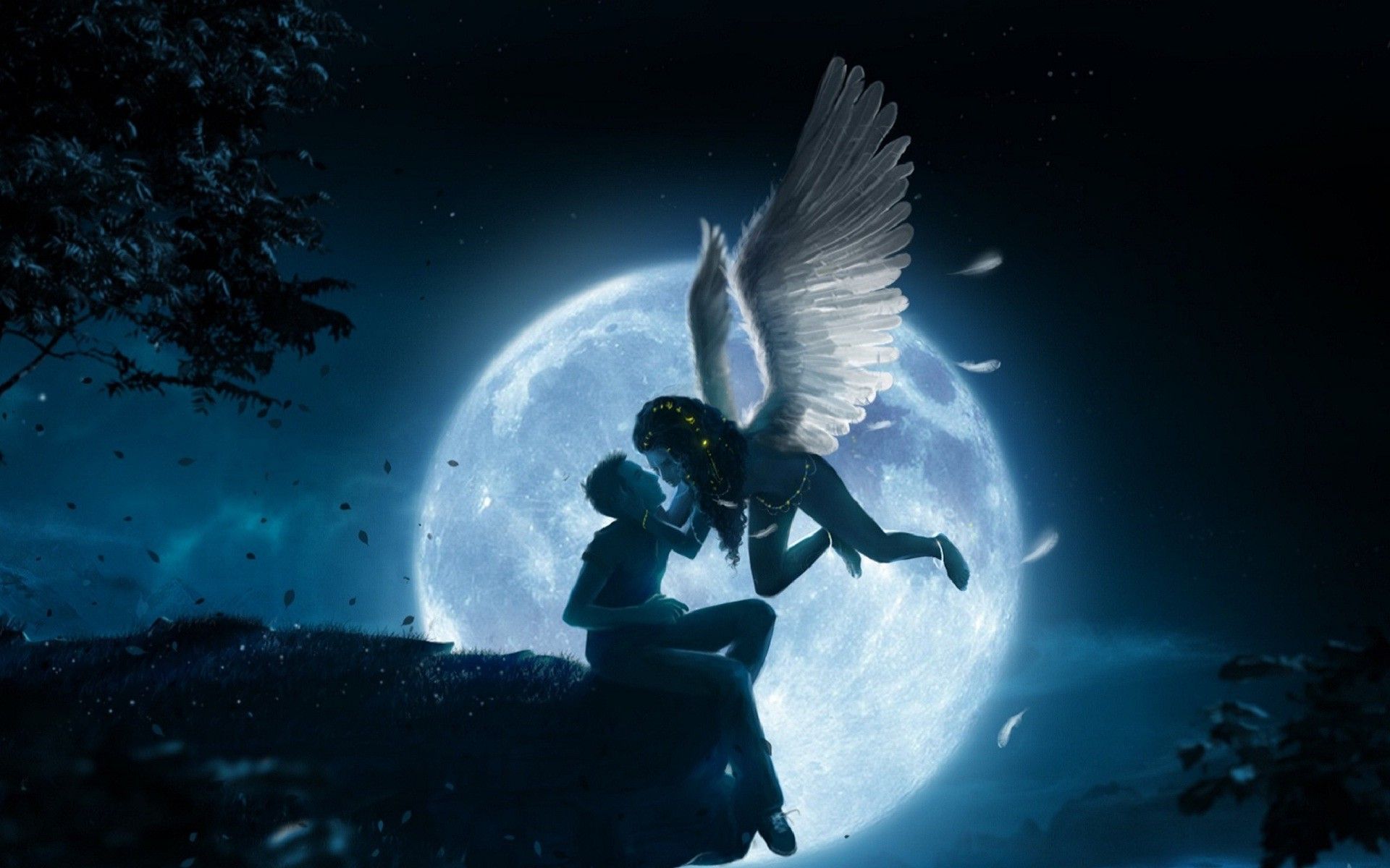 A Human And A Female Angel On Midnight 