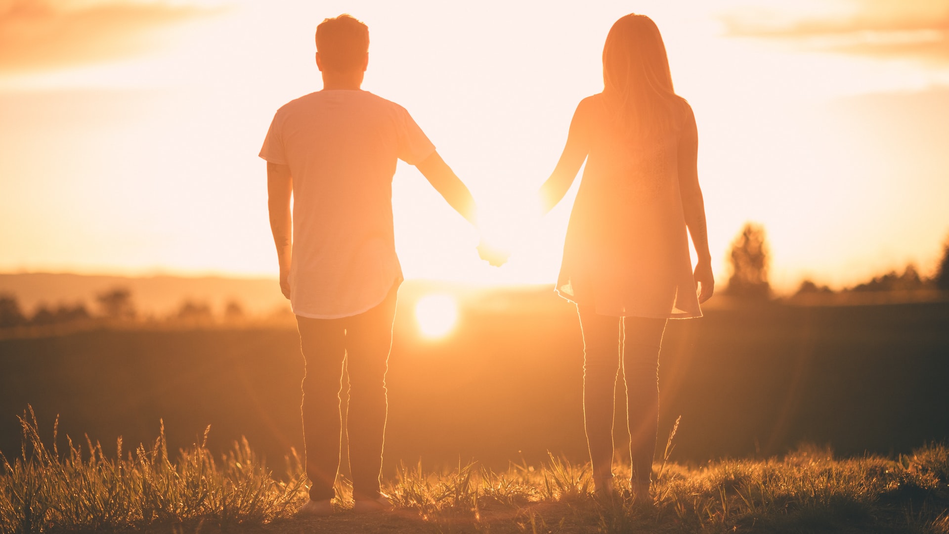 Soul mates held by hands in a grass field under the sunset