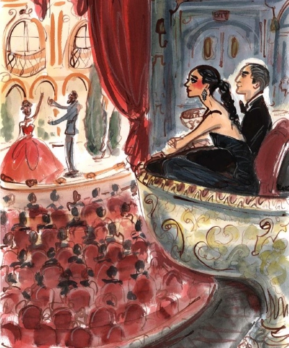 A girl and a man watching an opera