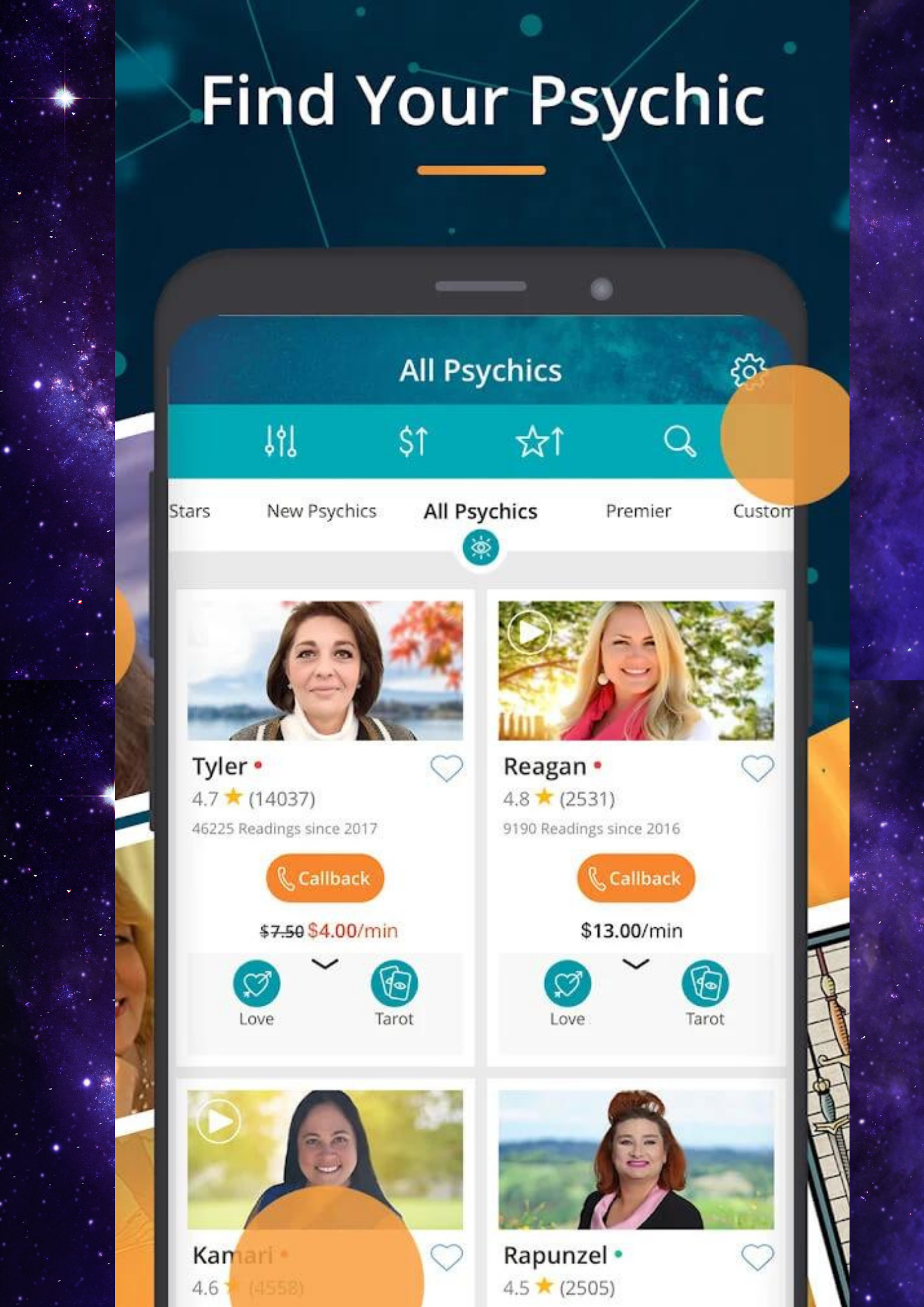 A phone showing different psychics profile on the screen with words find your psychic