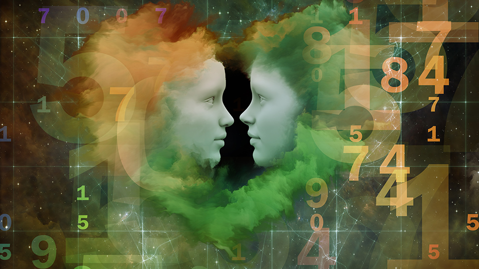 A man and woman facing each other with numbers on background
