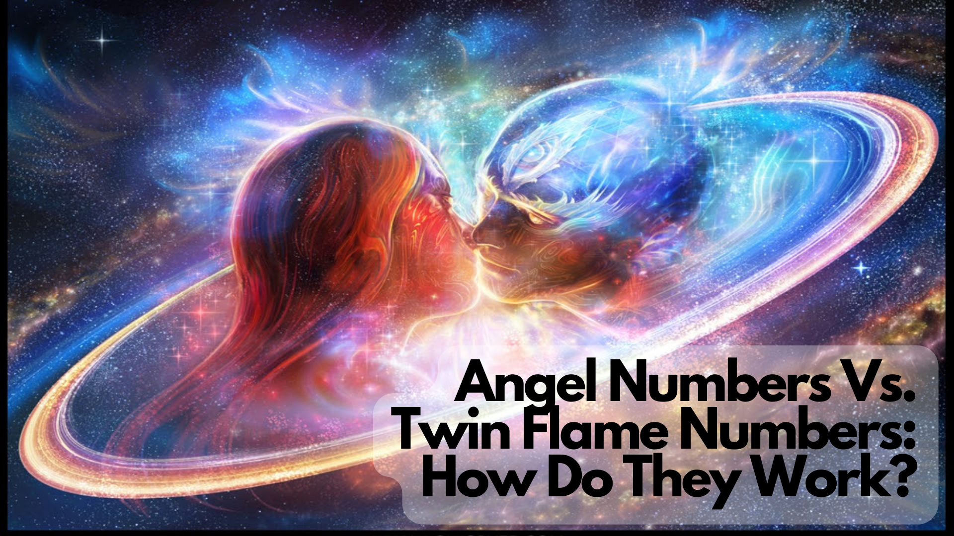 A man and woman kissing in space with words Angel Numbers Vs. Twin Flame Numbers: How Do They Work