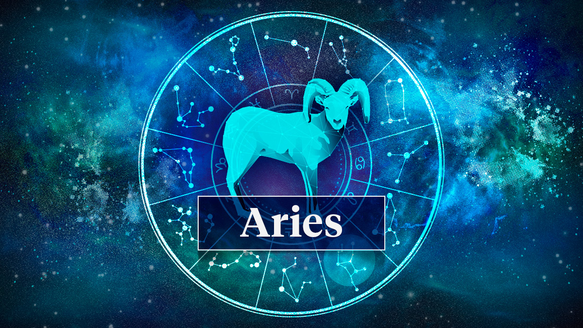 Aries horoscope sign in galaxy background with words aries