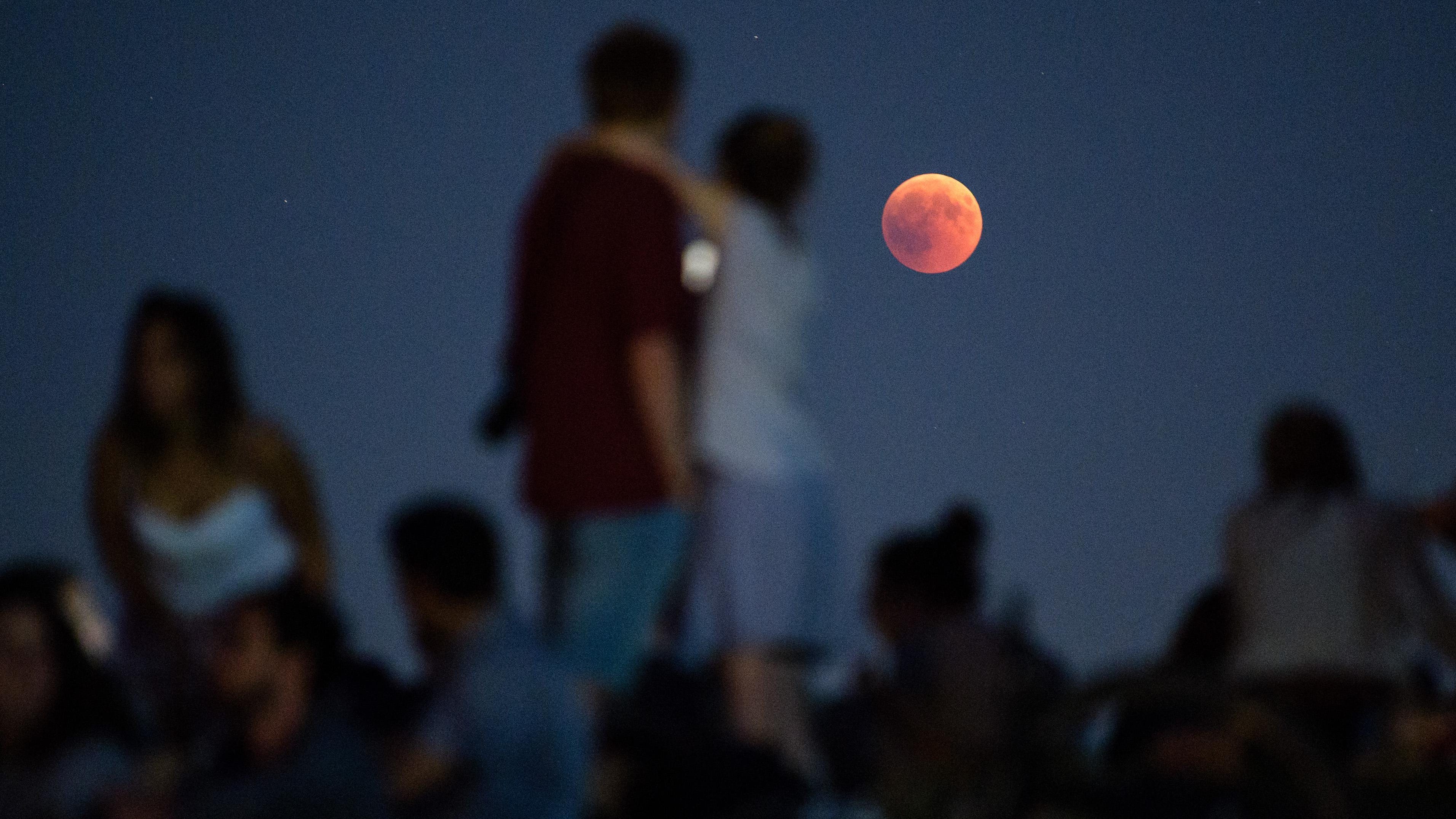 A group of people and a couple standing watching the lunar eclipse