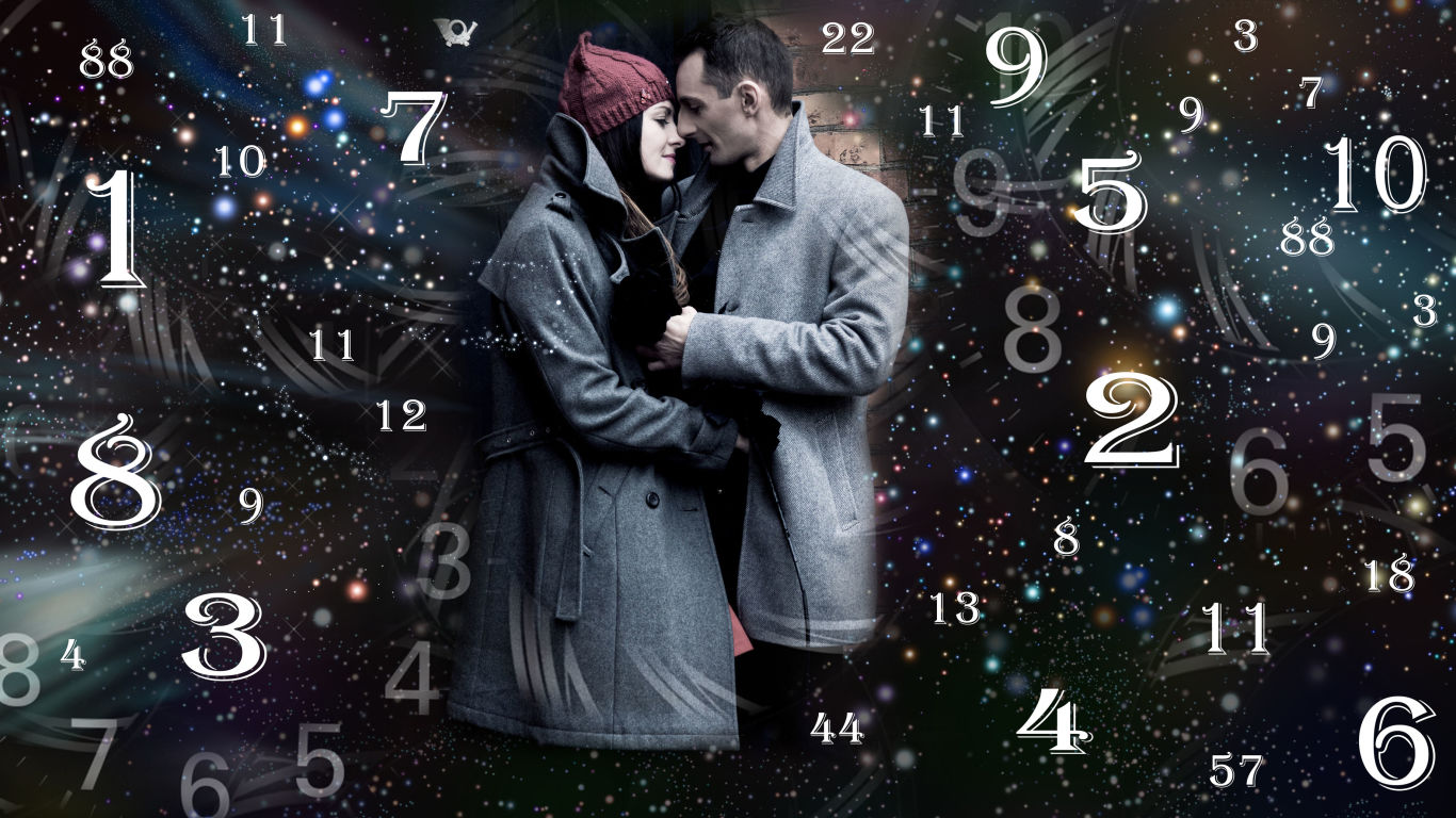 A man and woman holding each other with different numbers on their background
