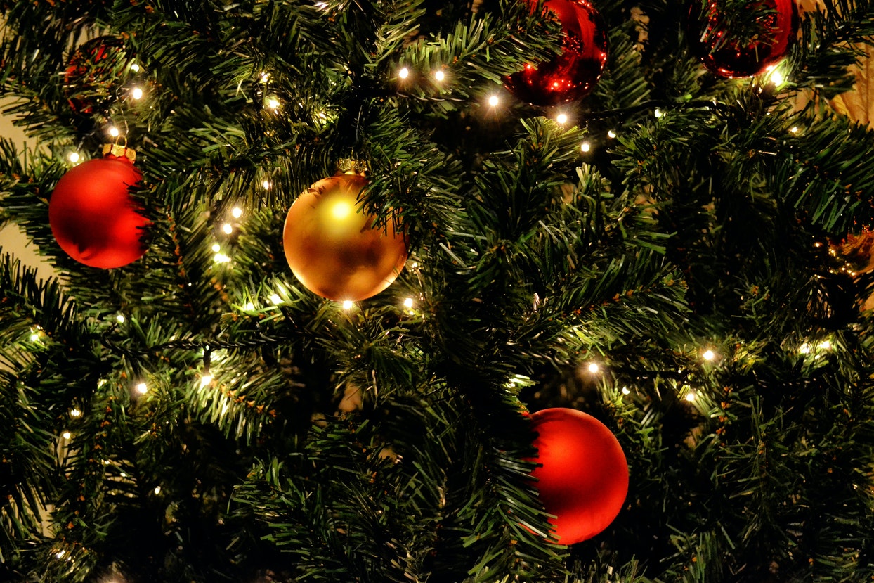 Green Christmas Tree With Red And Gold Balls