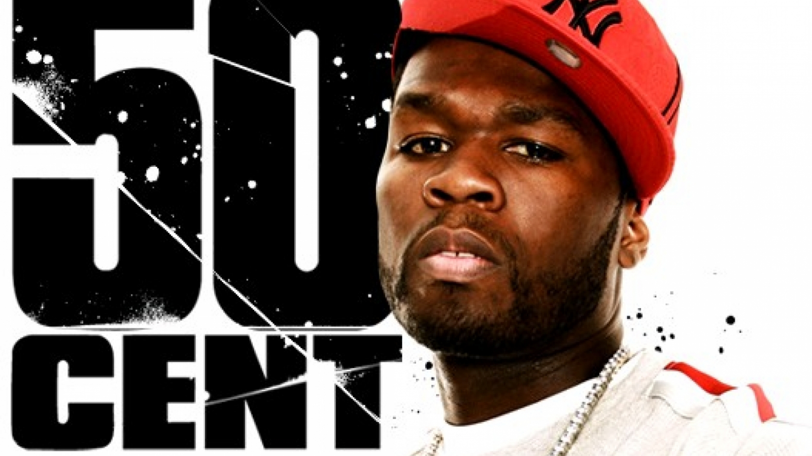50 Cent wearing a red cap with his name on the left part