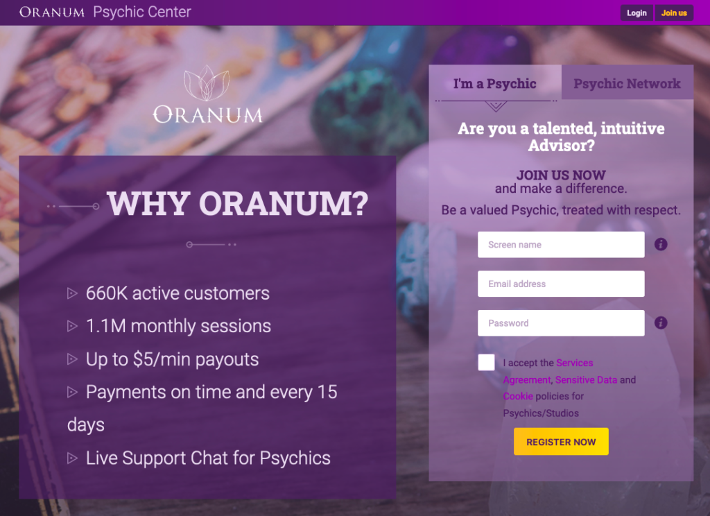 Oranum webpage with its logo and some information about the website and registration button at the right side