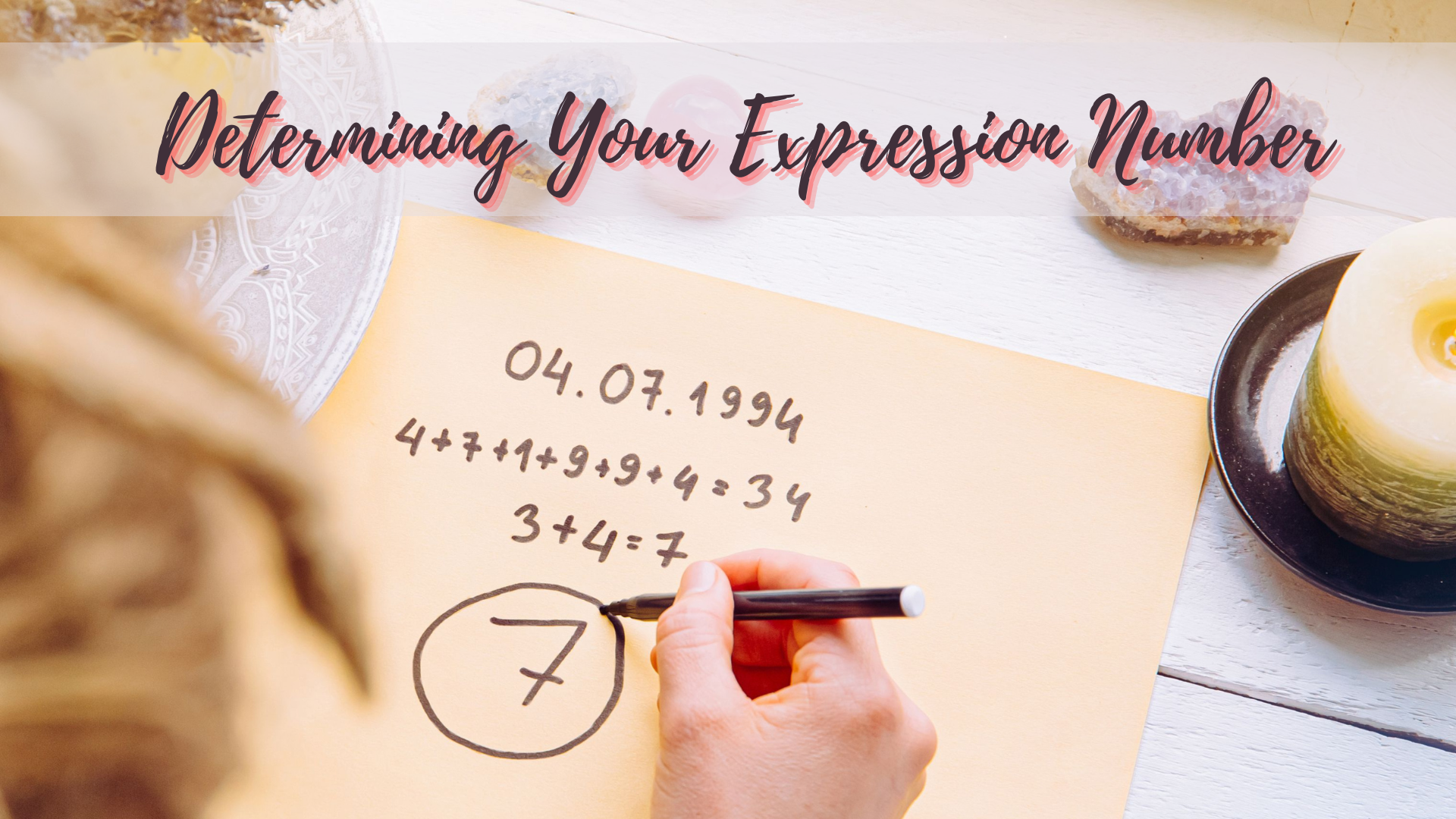 A person holding a pen while writing with words Determining Your Expression Number