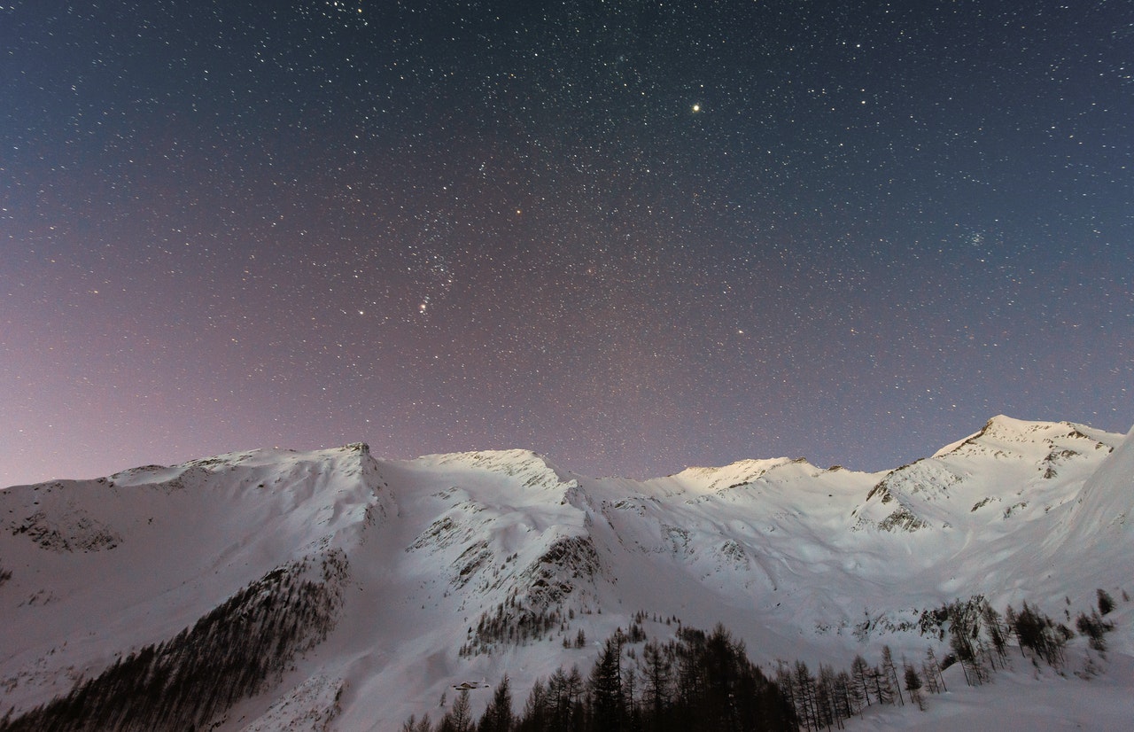 Mountain Covered In Snow Under Starry Sky