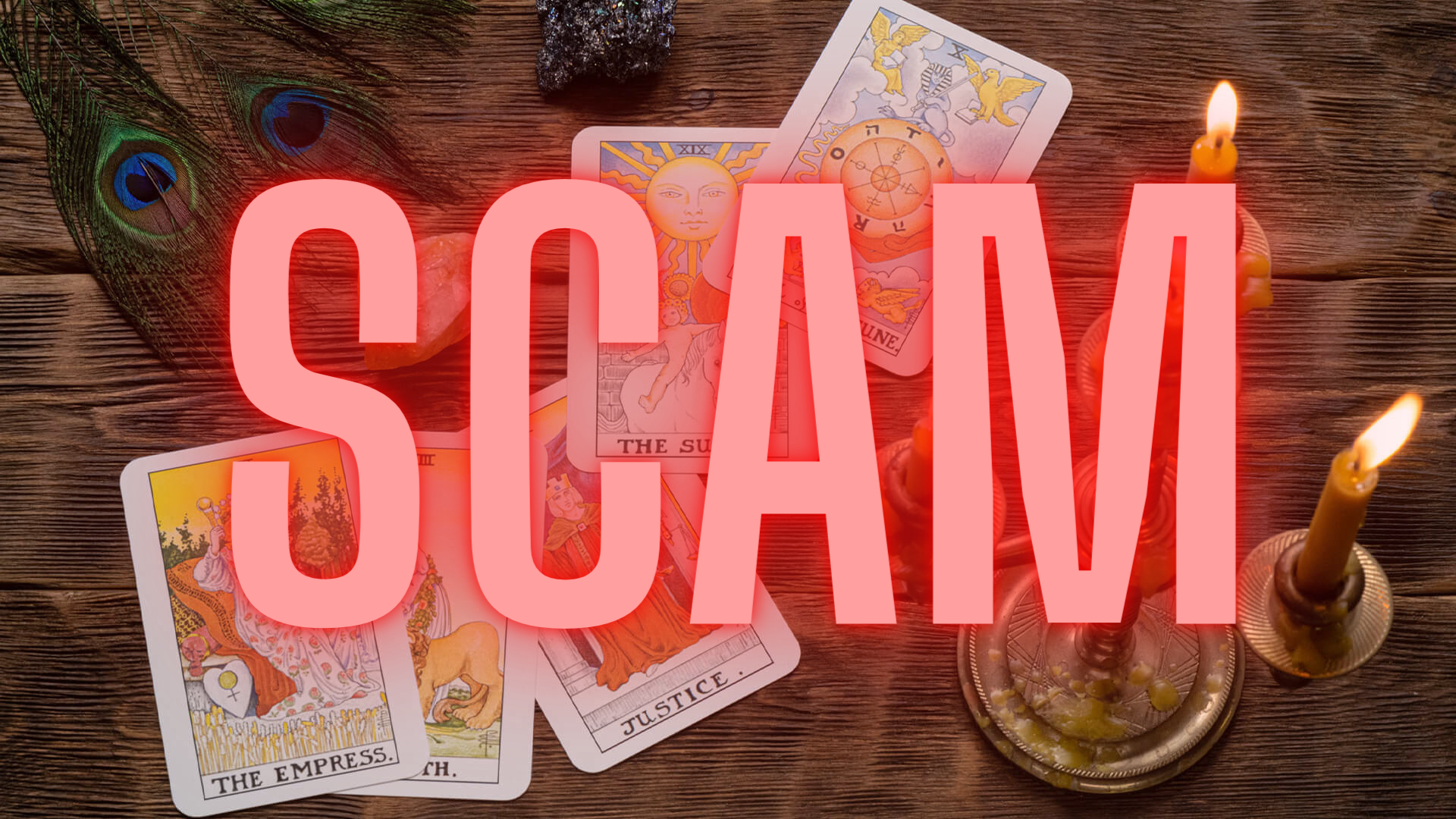 Tarot cards with candles and words "scam"