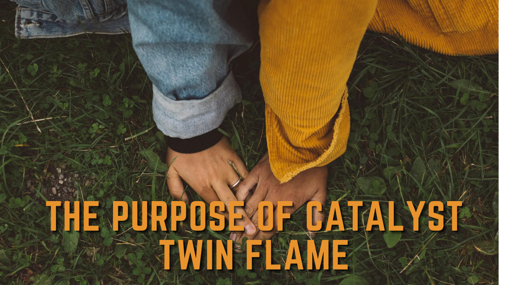 Two people holding each others hand while in the grass with words The Purpose Of Catalyst Twin Flame