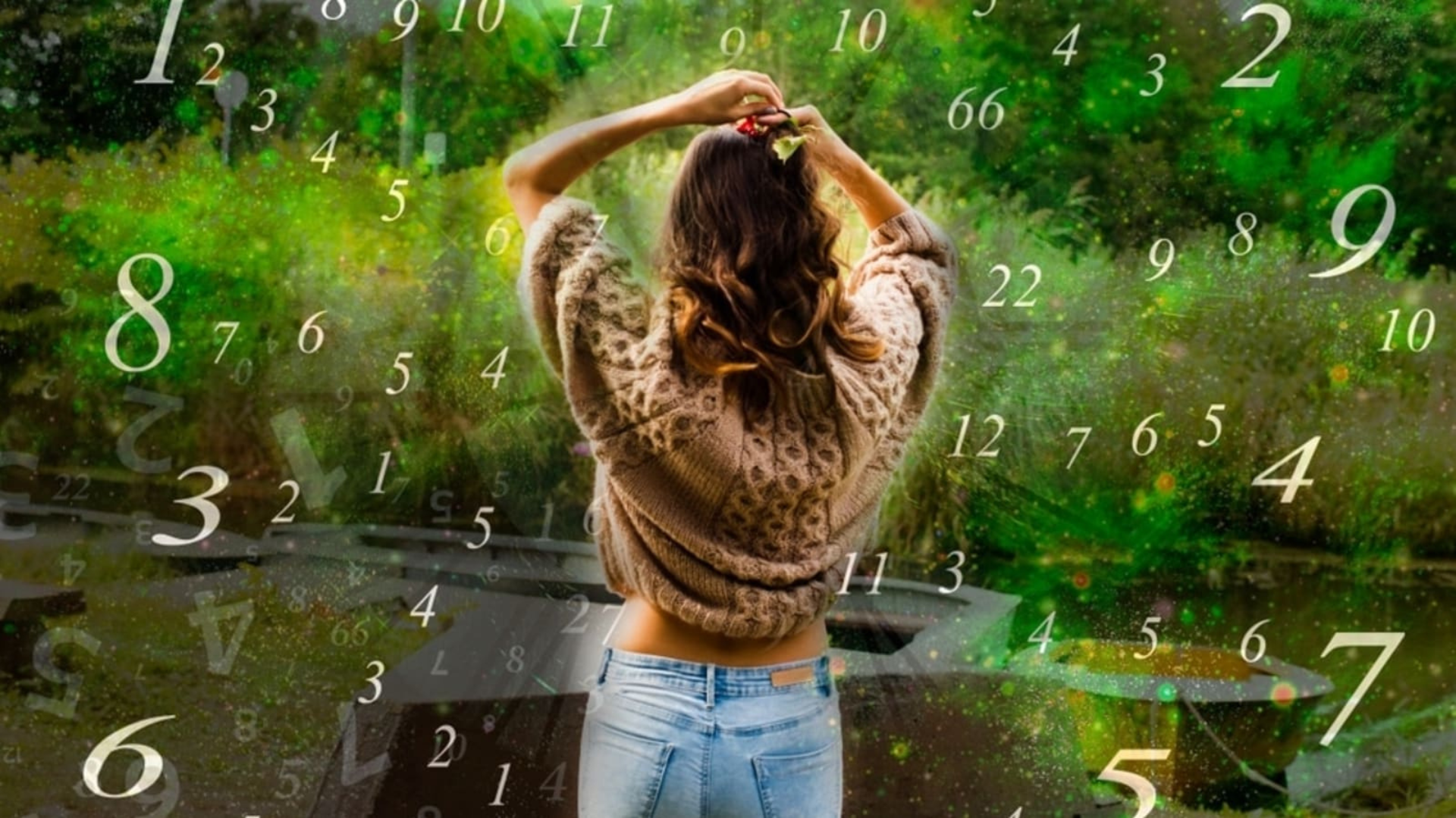 A standing woman with her hands on top of her head with some numbers on her background