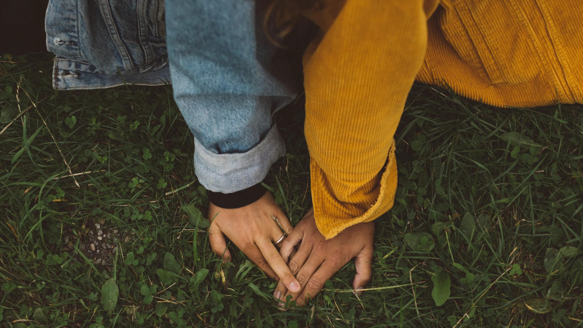 Two people sitting on the grass and holding their hands