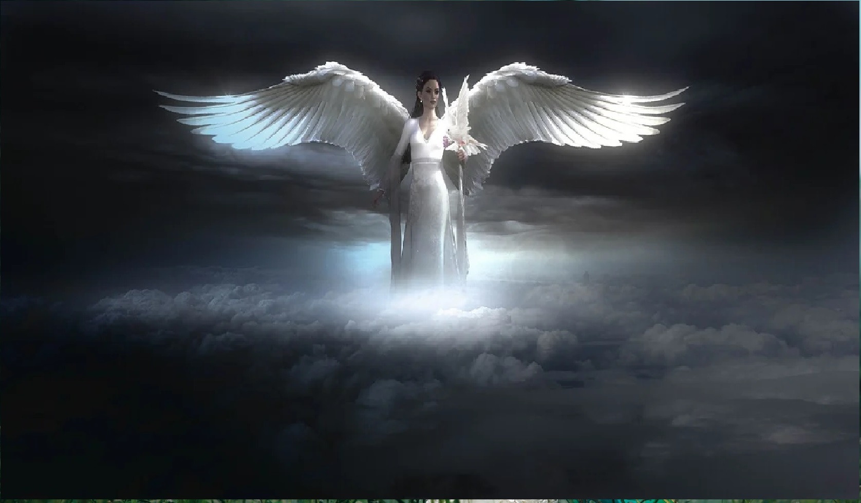 An Angel Is Standing Above The Clouds