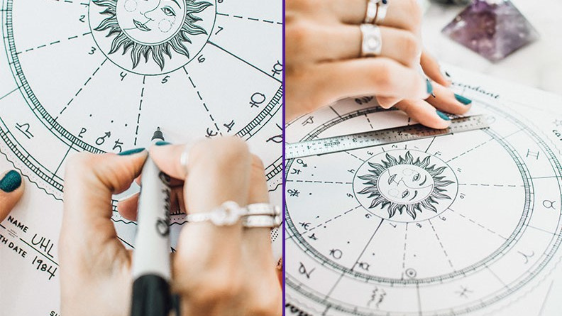 A woman holding a pen and drawing an Ethereal Astrology Birth Chart 