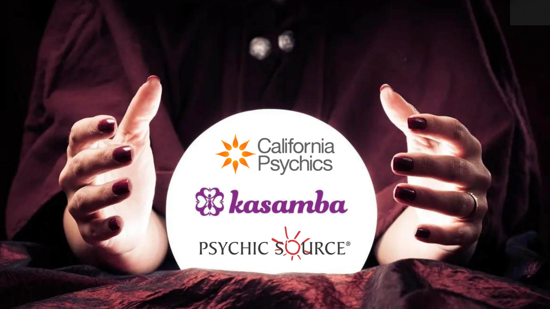 A psychic and a crystal ball with psychic websites logos