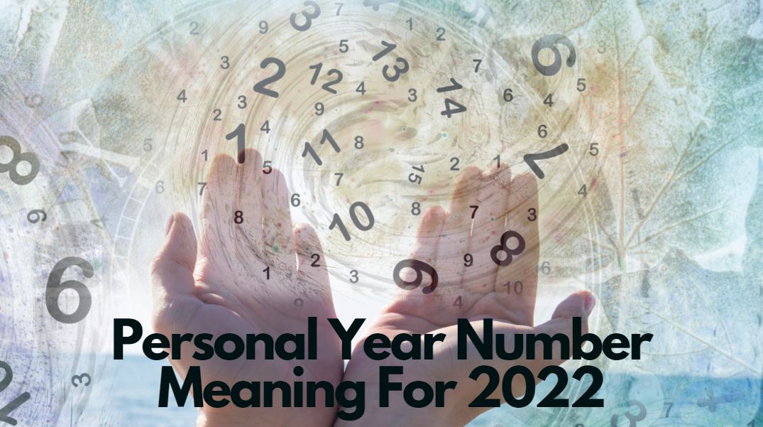 Two hands with different numbers on its background and wordings personal year number 2022