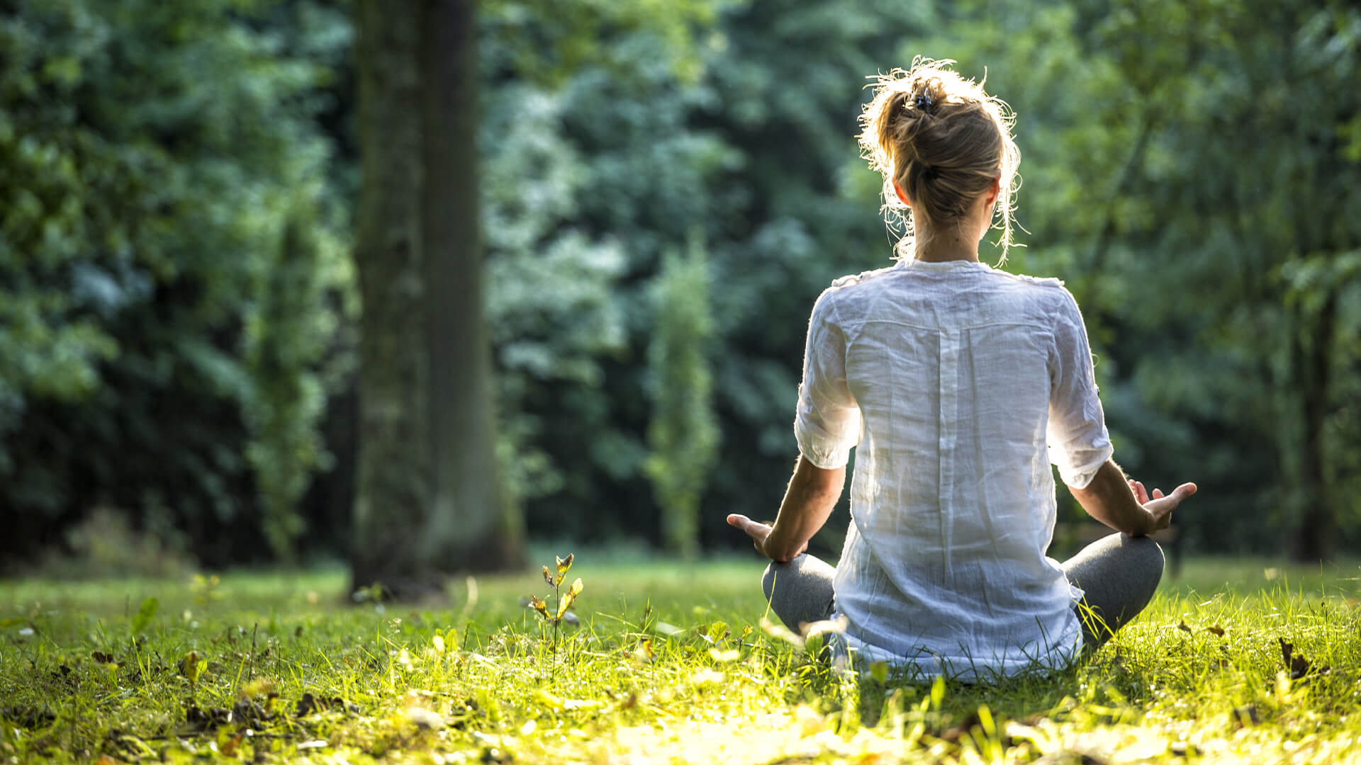 A woman meditating in the forest