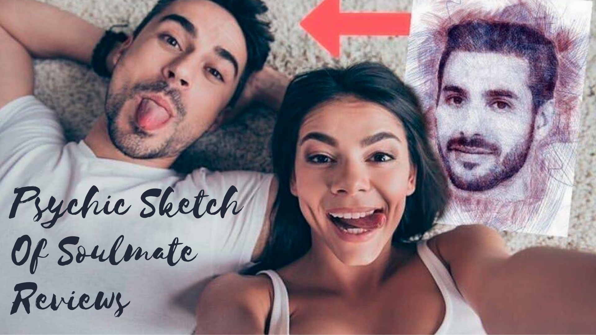 A happy couple having a selfie photo with a sketch drawing