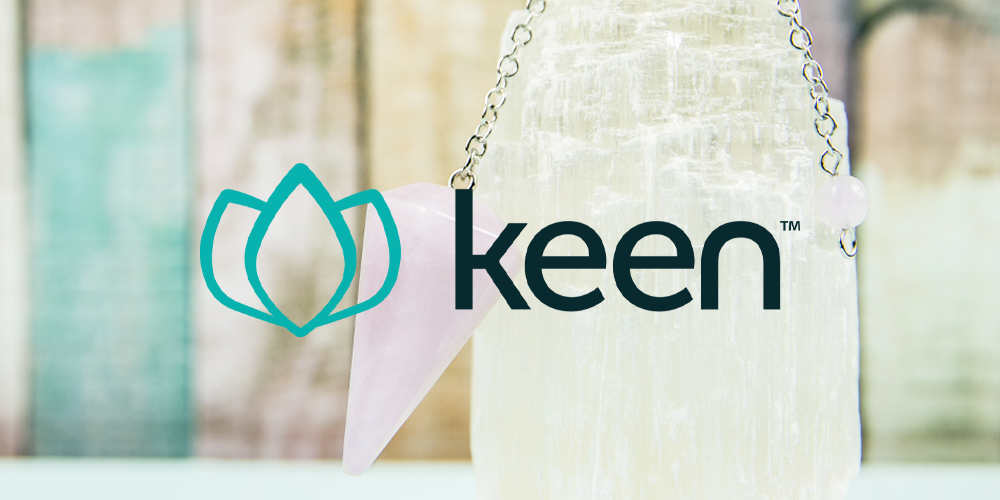 Keen logo with a pink stone pendulum on its background