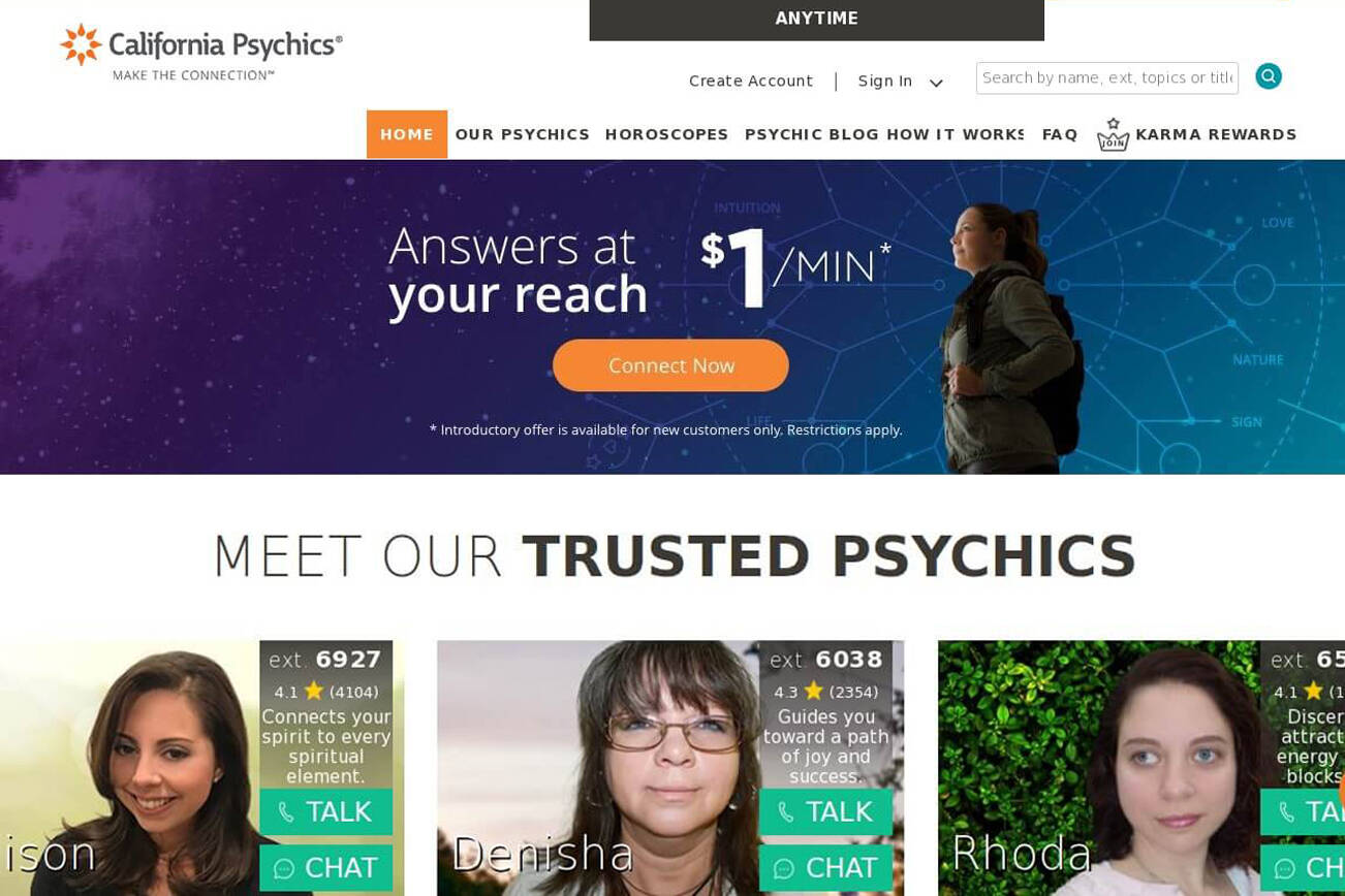 California psychic website with a girl with backpack on the upper corner and psychic profile at the bottom