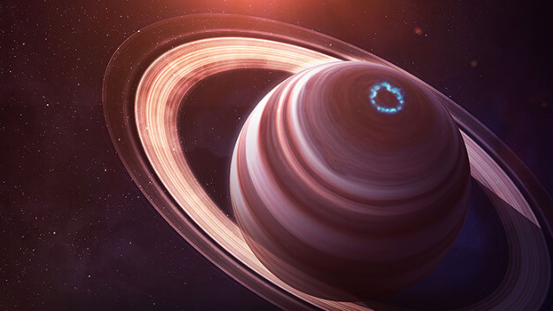 Saturn Planet with a circle blue path in its northern hemisphere