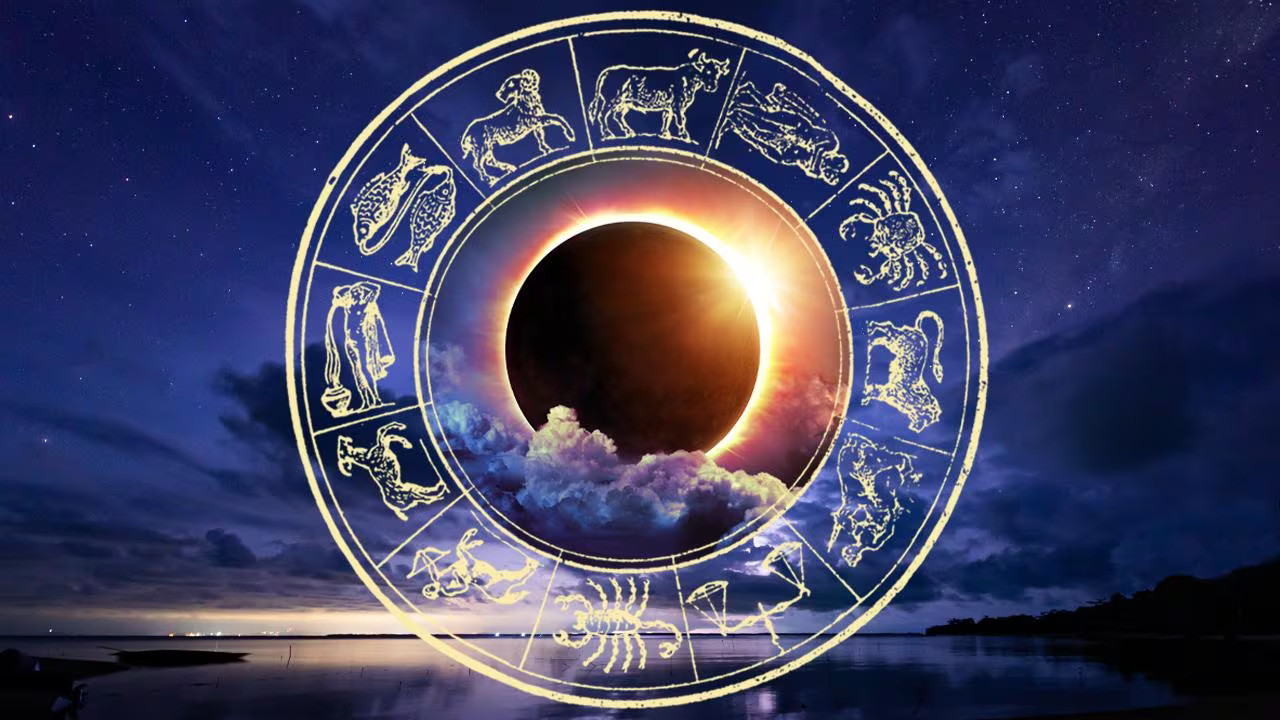 Horoscope and solar eclipse sign on mountains