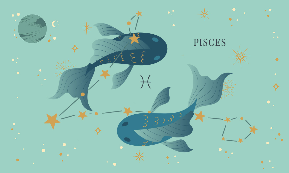 Pisces zodiac sign symbol, constellation and two fish