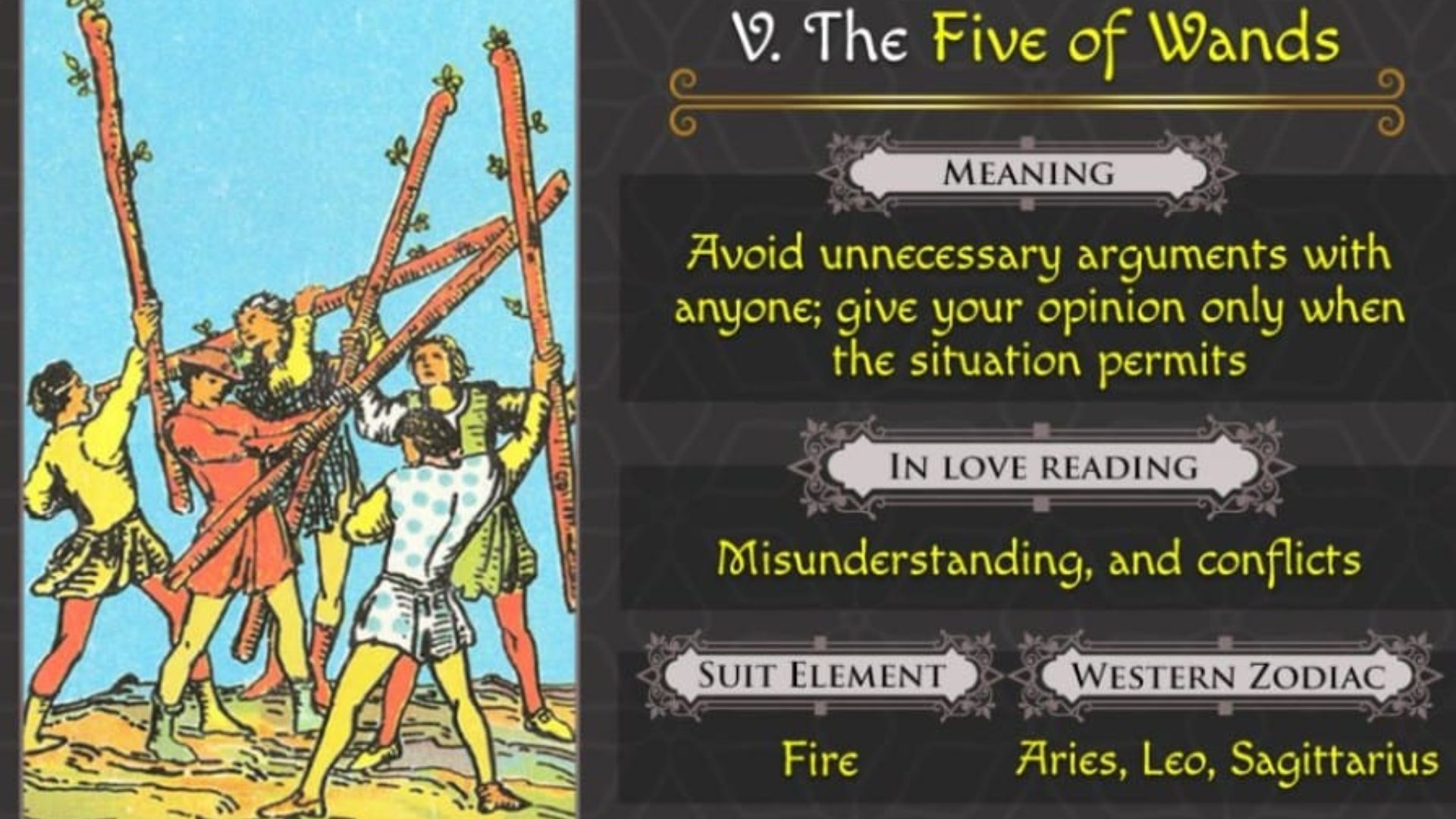 5 Of Wands Card With Its Description