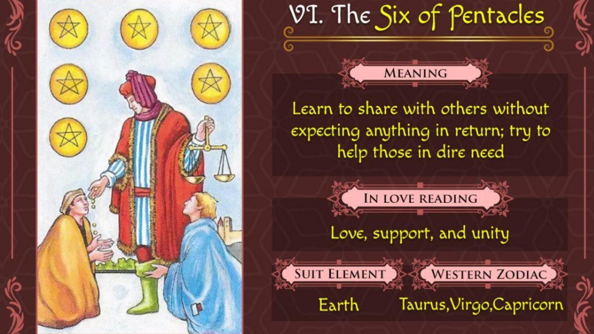 6 Of Pentacles - Tarot Card Represents Gifts, Kindness And Generosity