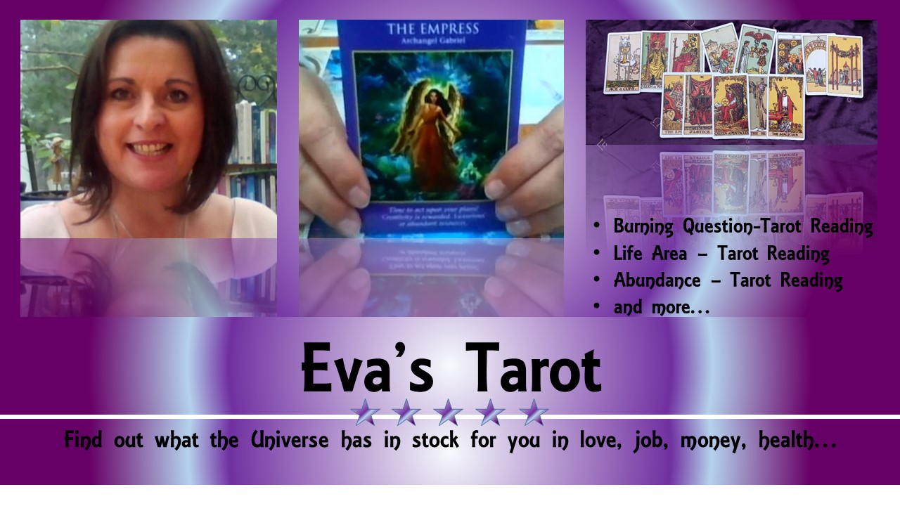 Eva Tarot webpage with a woman smiling on the upper left and tarot cards