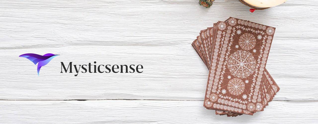 Mysticsense logo with tarot cards on the right