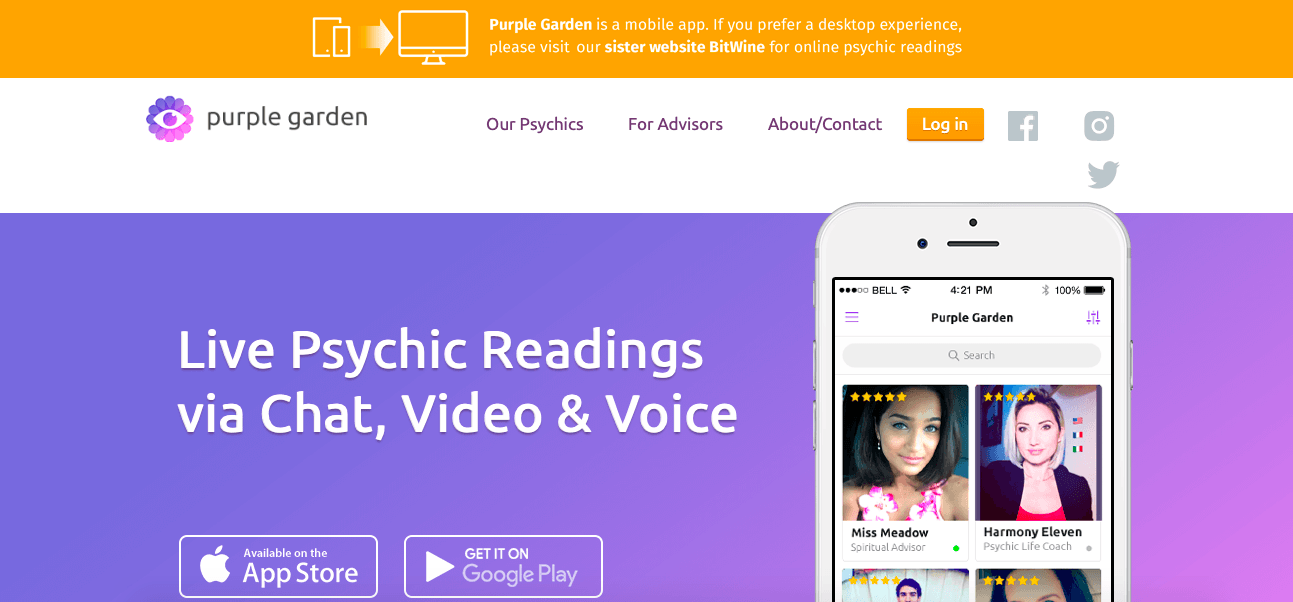 Purple Garden webpage with a phone on the left showing psychic profiles on the screen