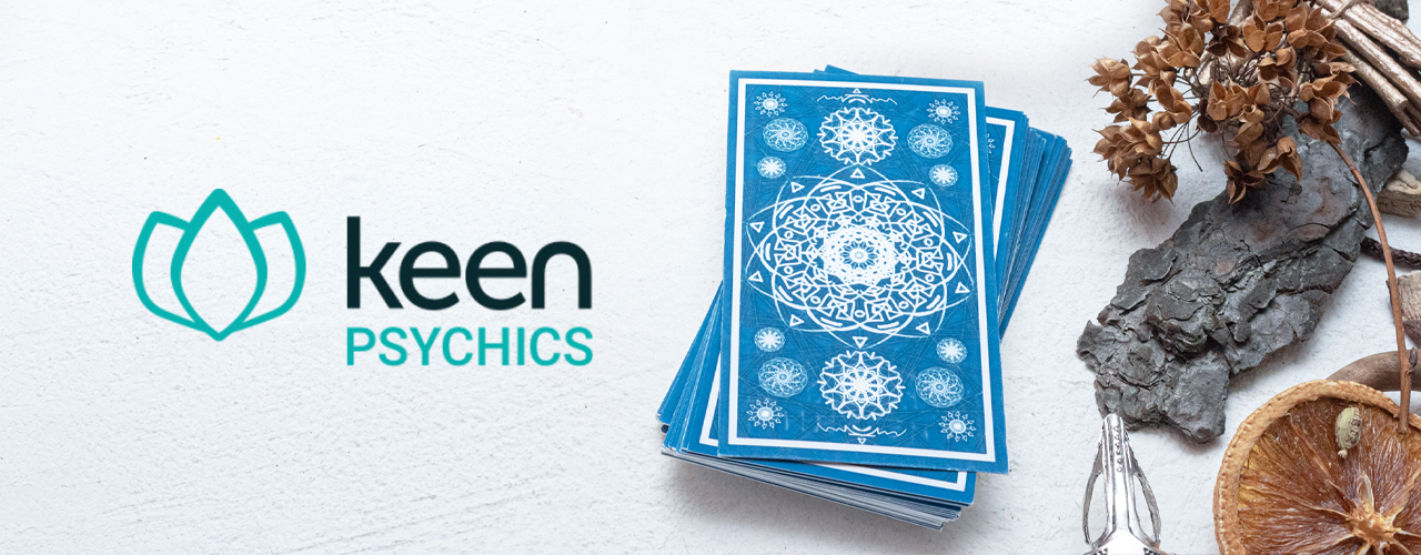 A blue tarot cards and psychic ornaments with keen logo on the left side