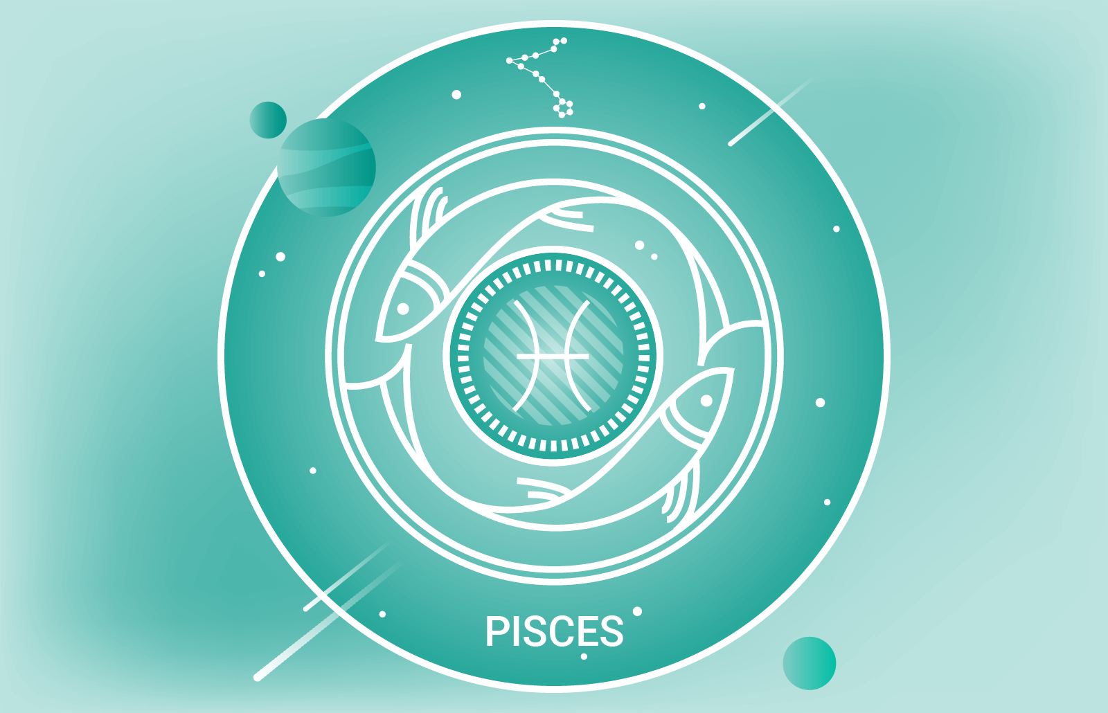 Pisces zodiac sign symbol, constellation, and two fish