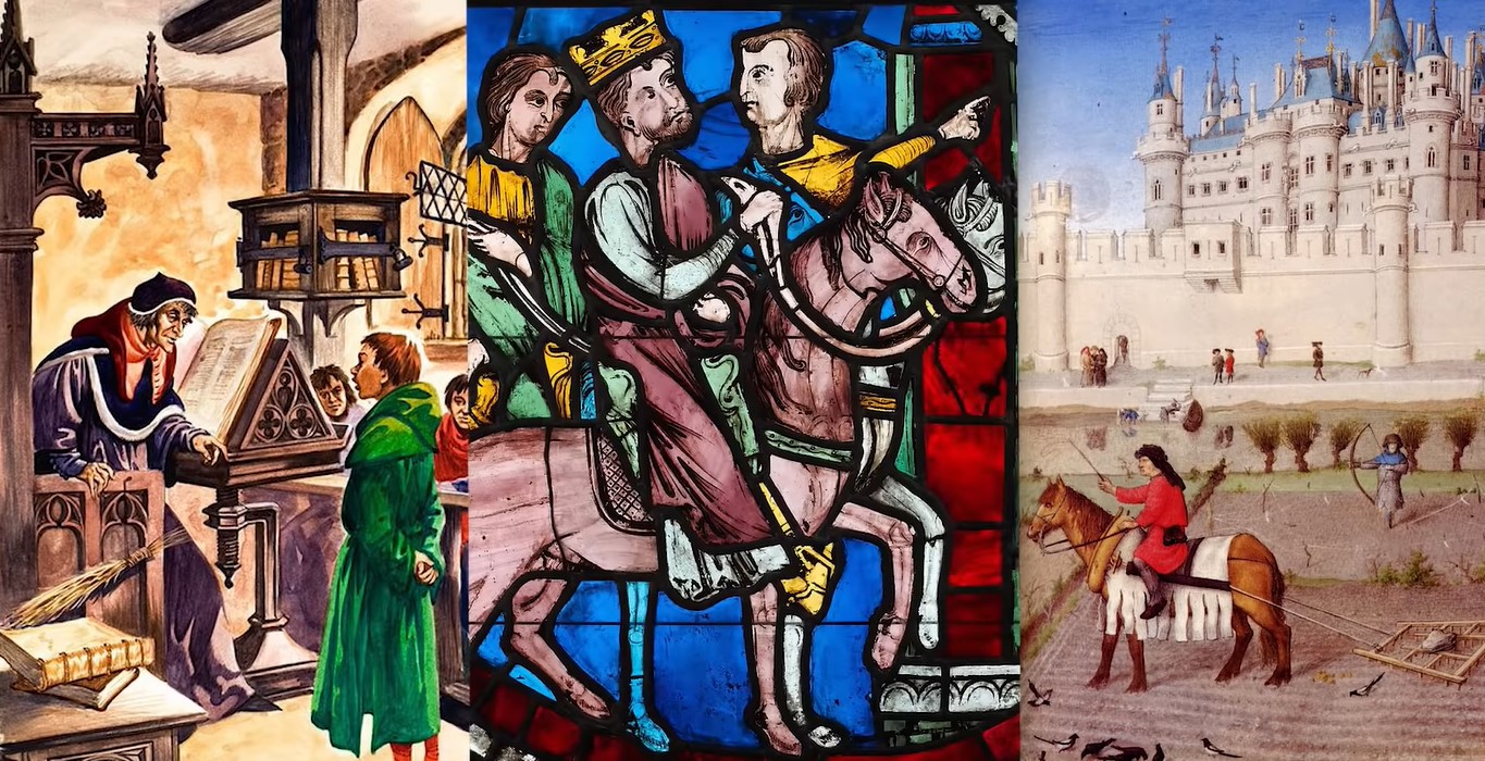 Three medieval artworks showing scenes during the Middle Ages, with castles and a king riding a horse