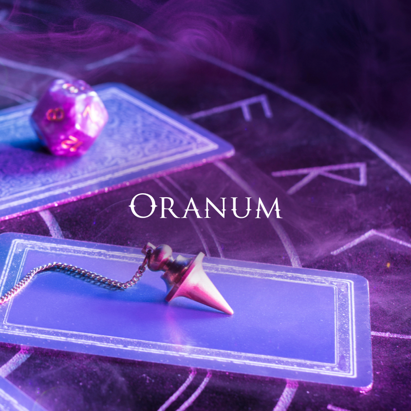 Oranum logo with purple tarot card and pendulum as well as dice