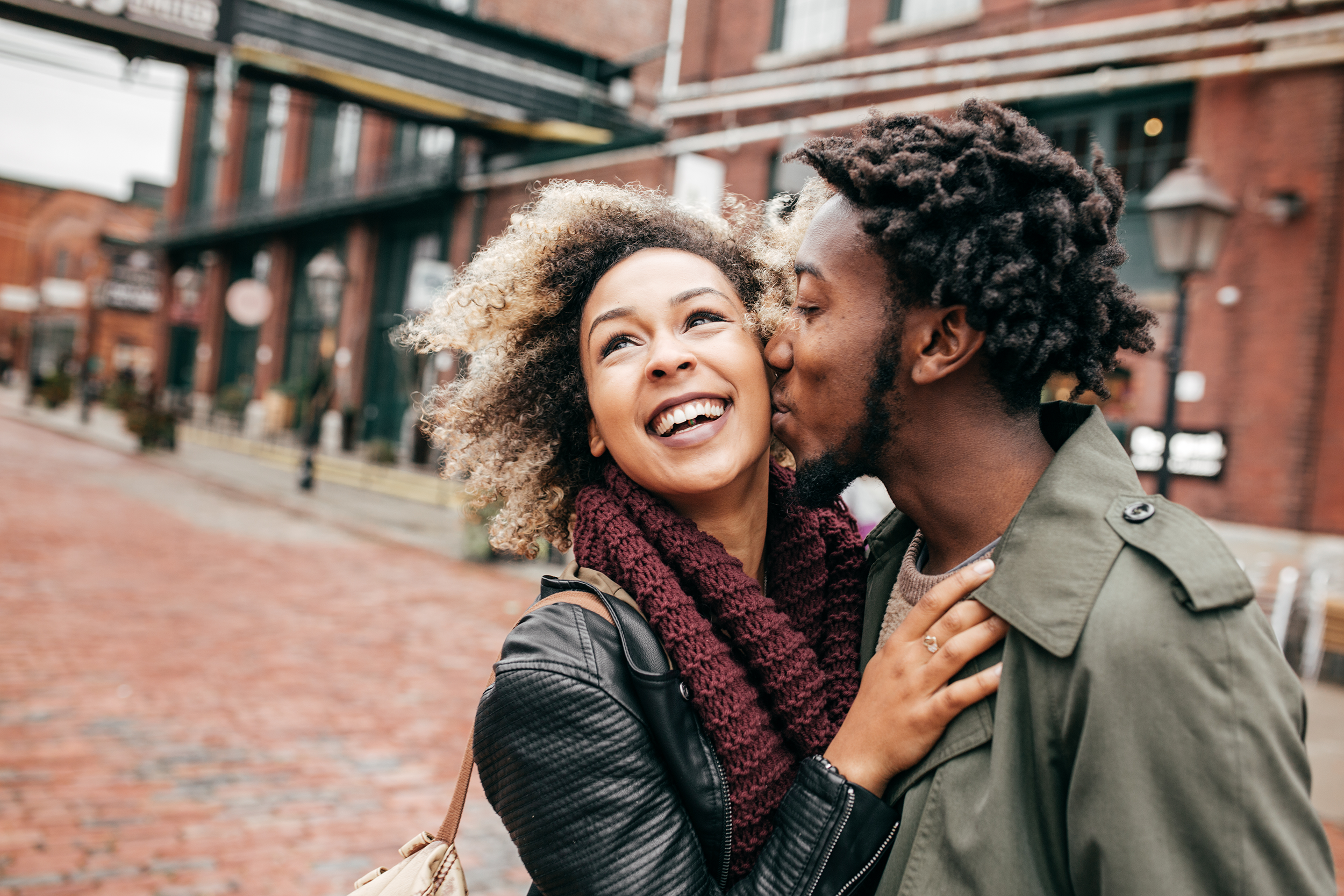 A man kissing a woman on her cheek