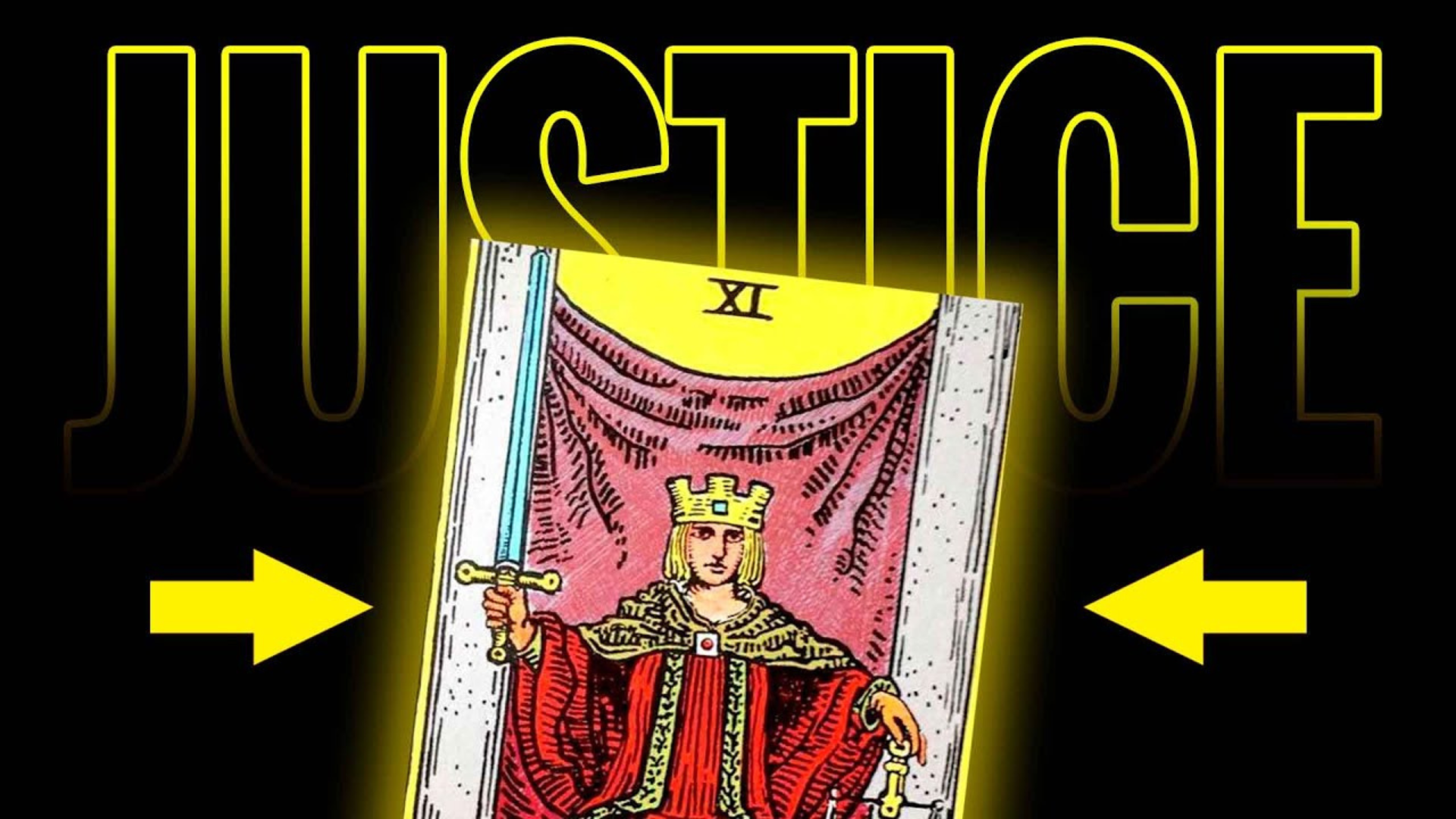 Justice Tarot Card with arrow beside it and word Justice on top of it
