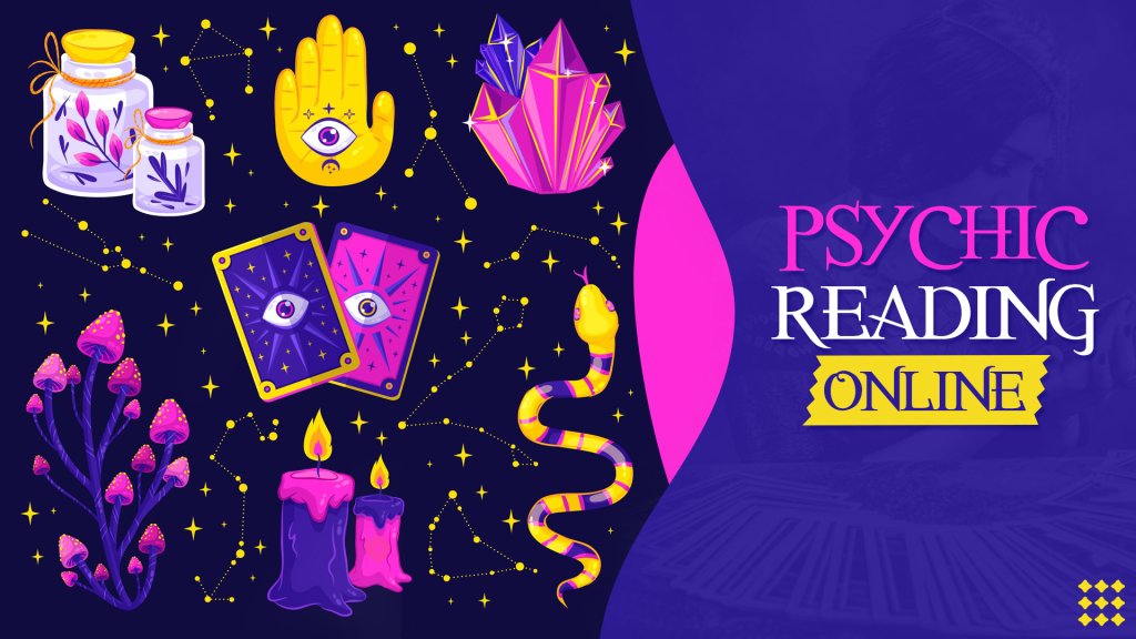 Purple-blue psychic reading online poster with psychic-themed stuff