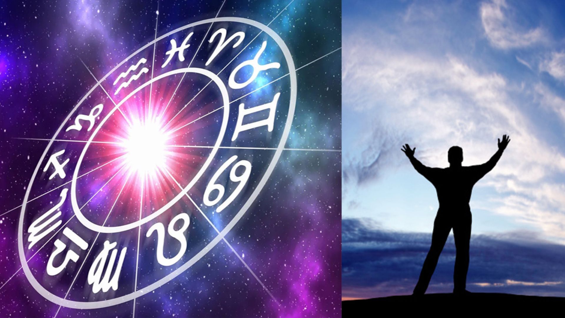 Man With Raised Arms Looking To The Sky, zodiac signs in a circle
