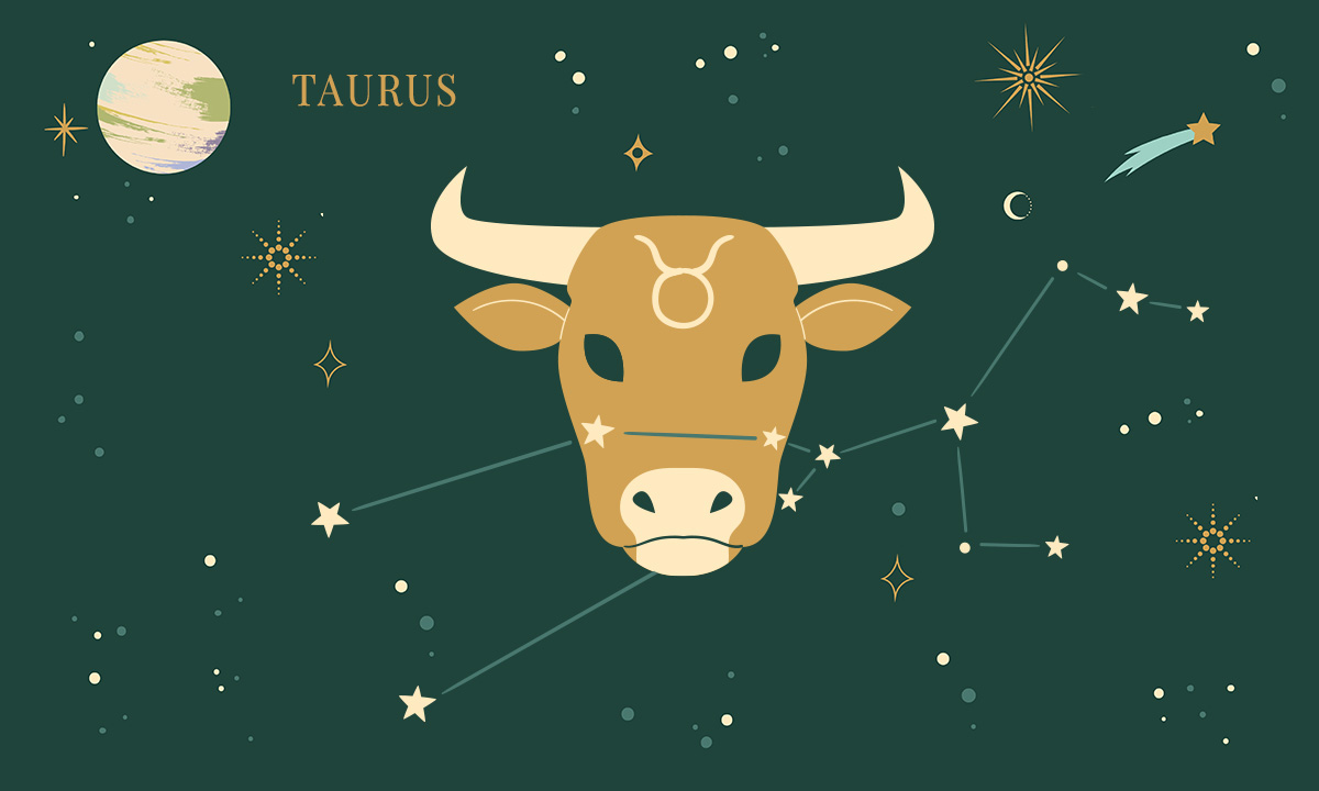 Taurus zodiac sign symbil in a ram's forehead and constellation