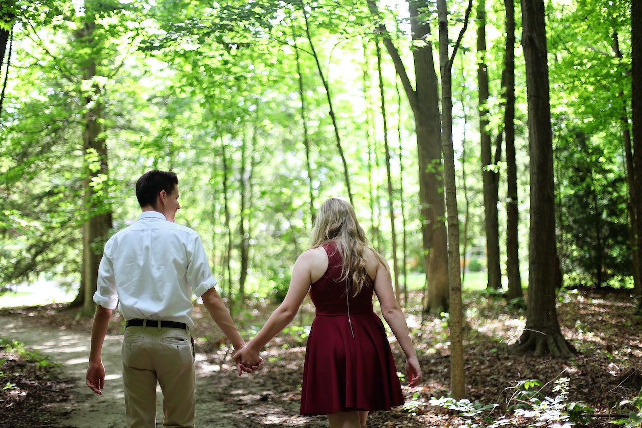 Woman and Man Holding Hands While Walking in Forest