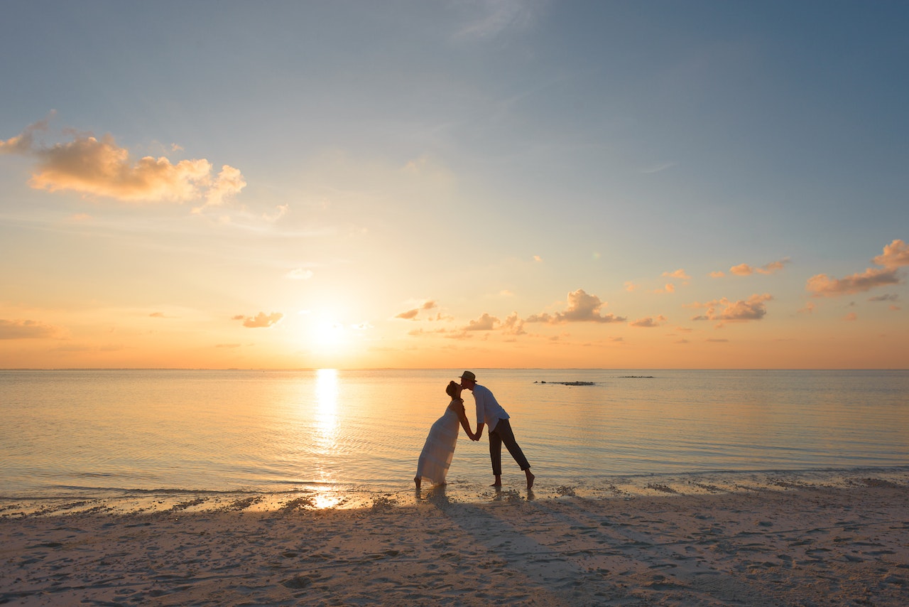 Man and Woman Standing on the Beach Kissing