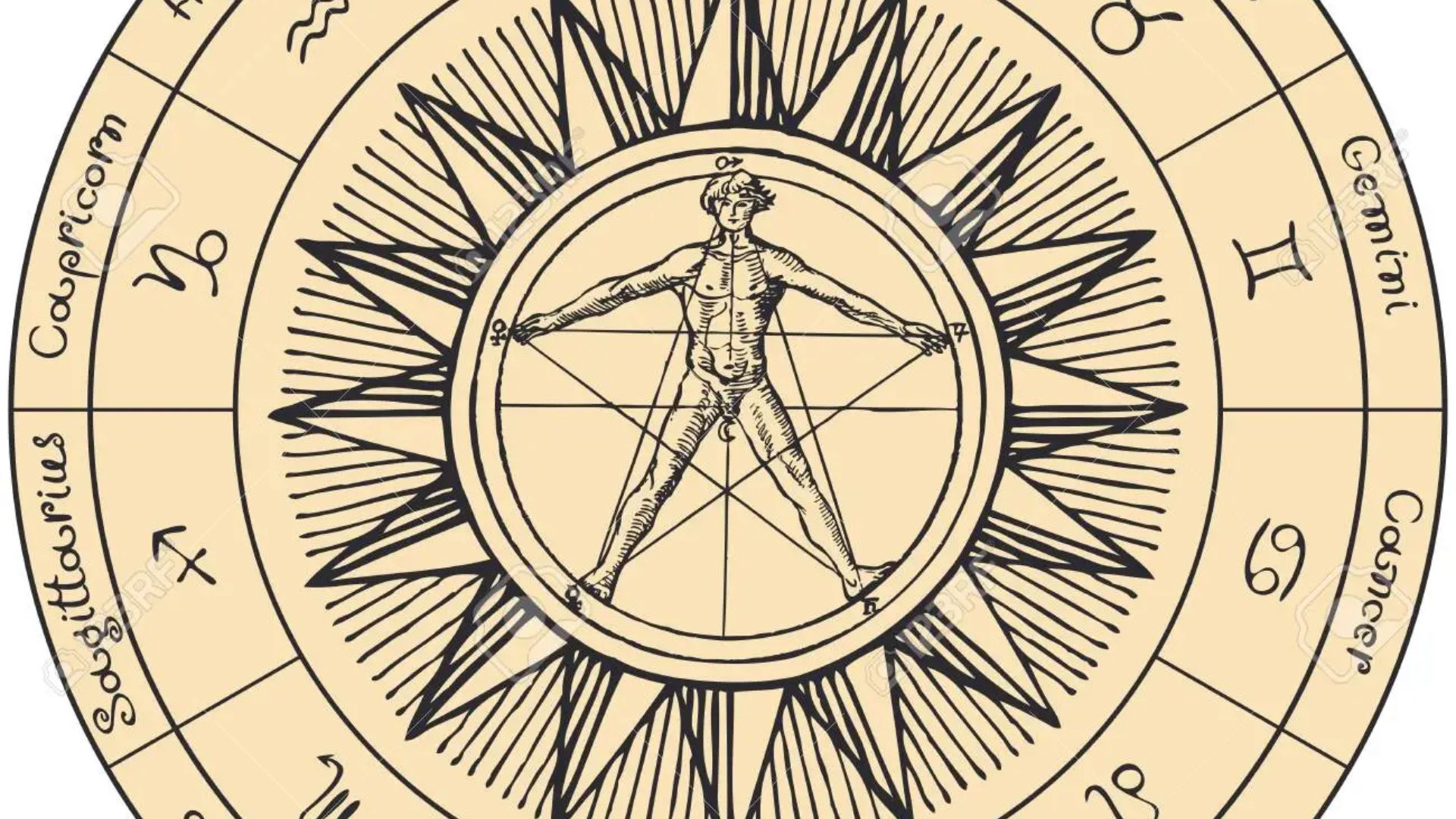 Zodiac Sign With Hand Drawing Sun And A Man Is Standing Inside It 