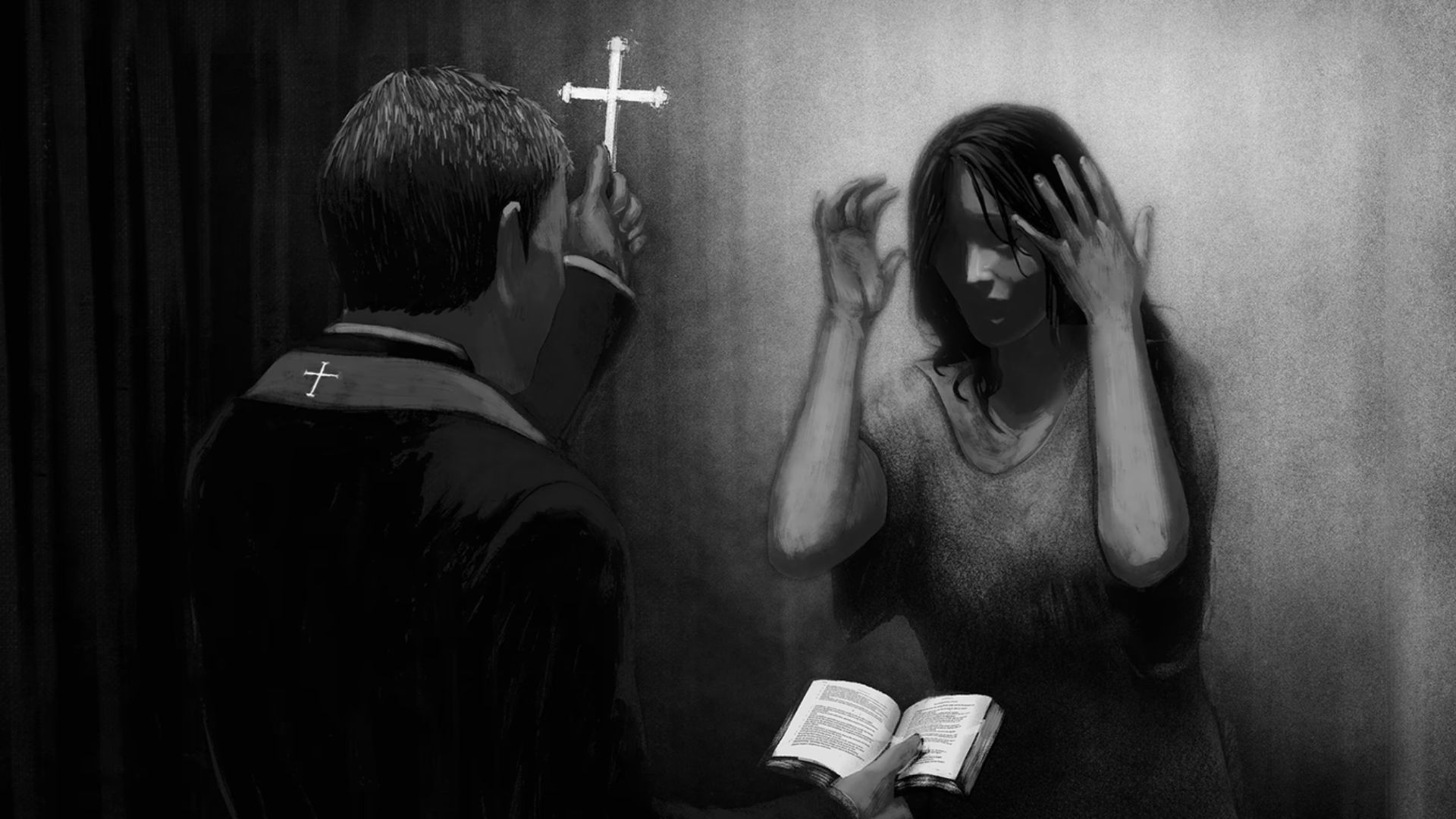 Priest Showing Cross And Bible To A Scared Woman
