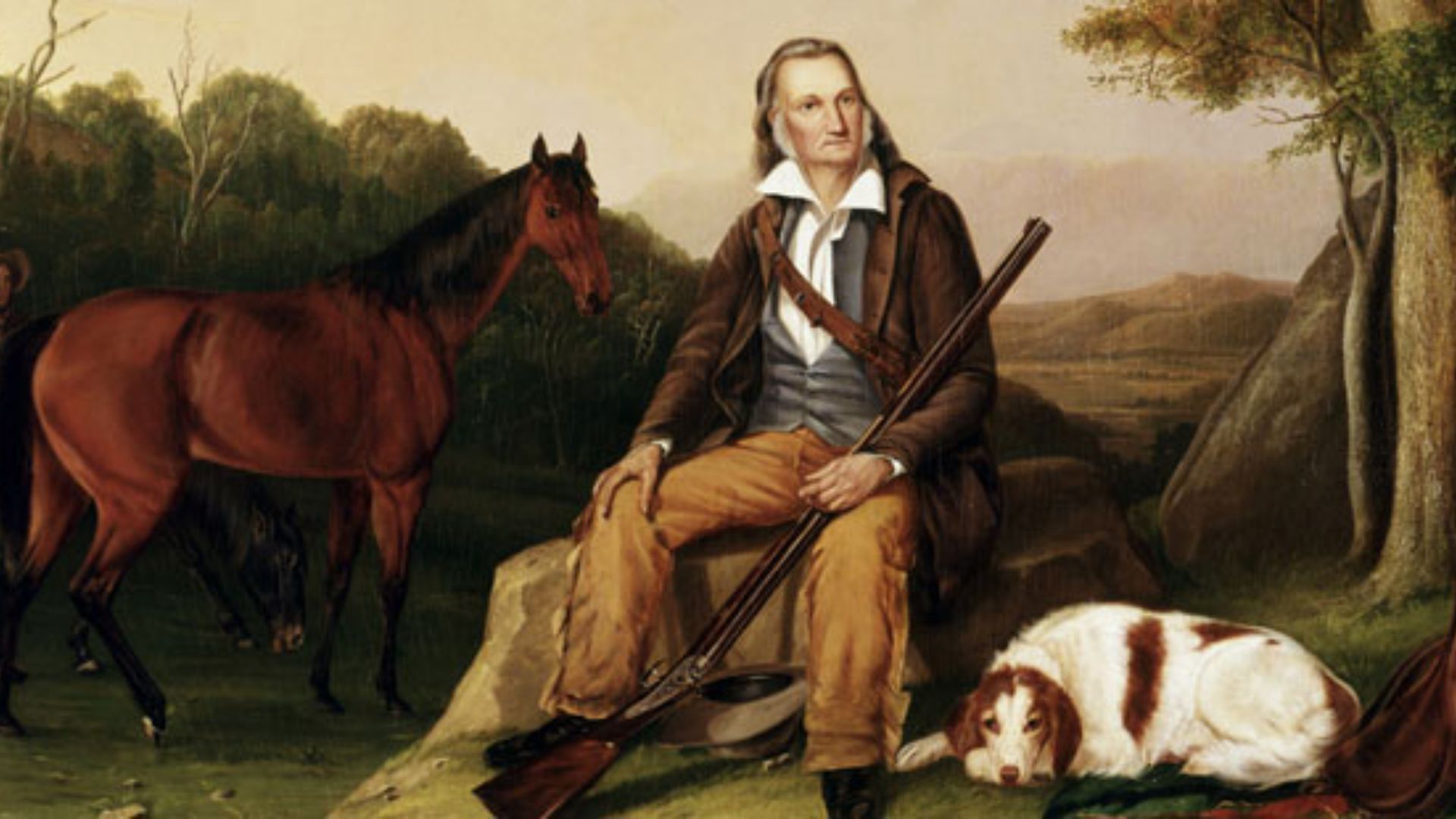 Painting Of John James Audubon Holding A Rifle With His Horse And Dog