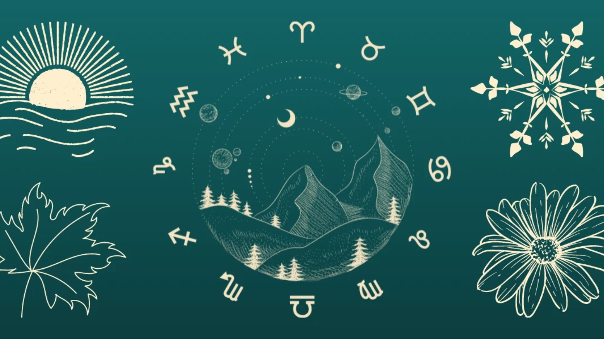 Zodiac Sign With Planets And Island At The Centre And Each Season Representation At Corner