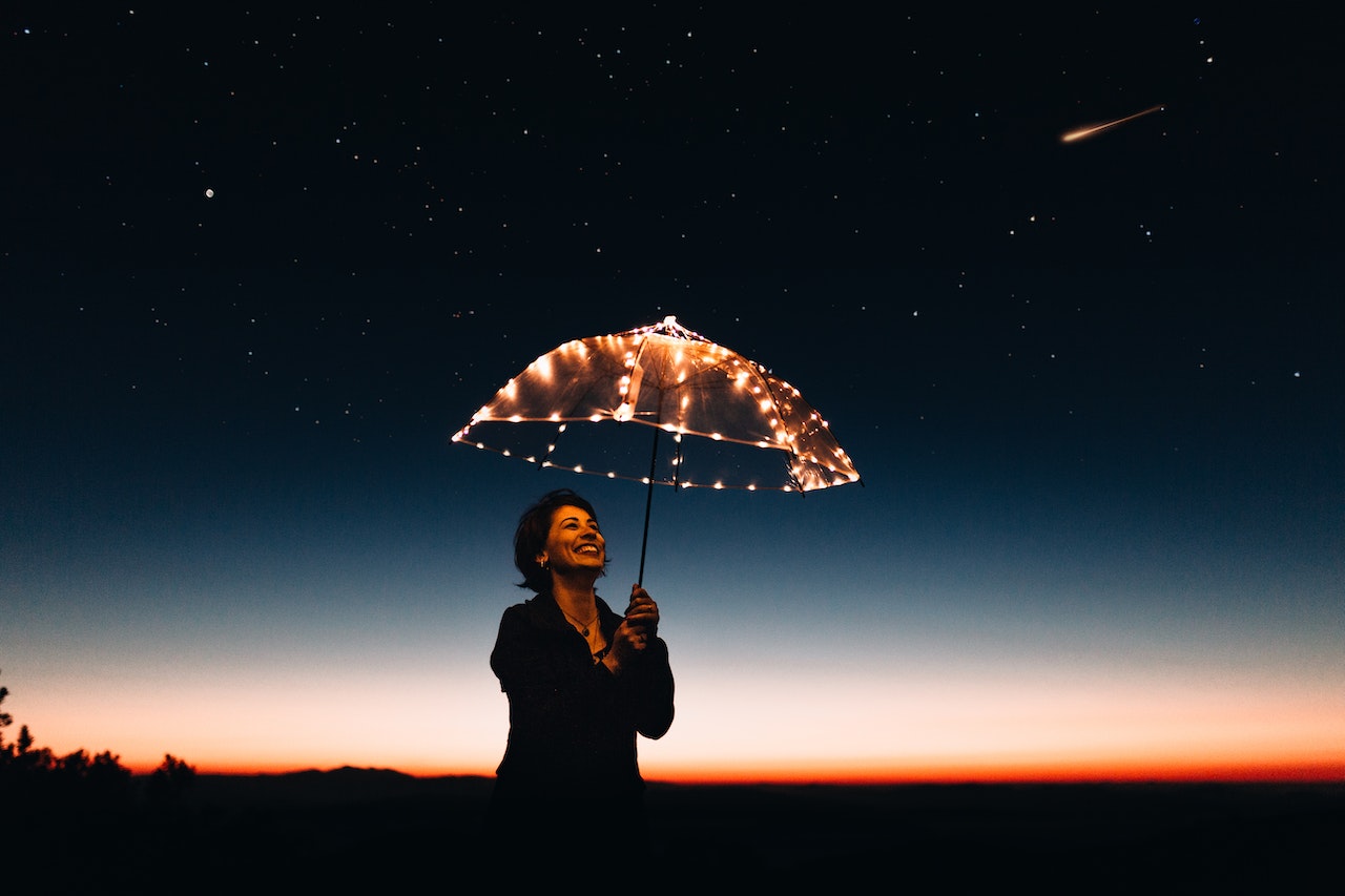 A Woman Using Umbrella With Lights At Night